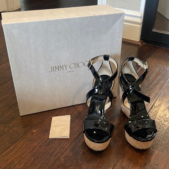 NWT Brand New Jimmy Choo Portia 120 Black Patent Leather Wedges 36 6 Women’s - Picture 3 of 17